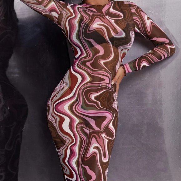 Multi Mesh Swirl Bodycon Midi Dress. Size Large. - Picture 2 of 4